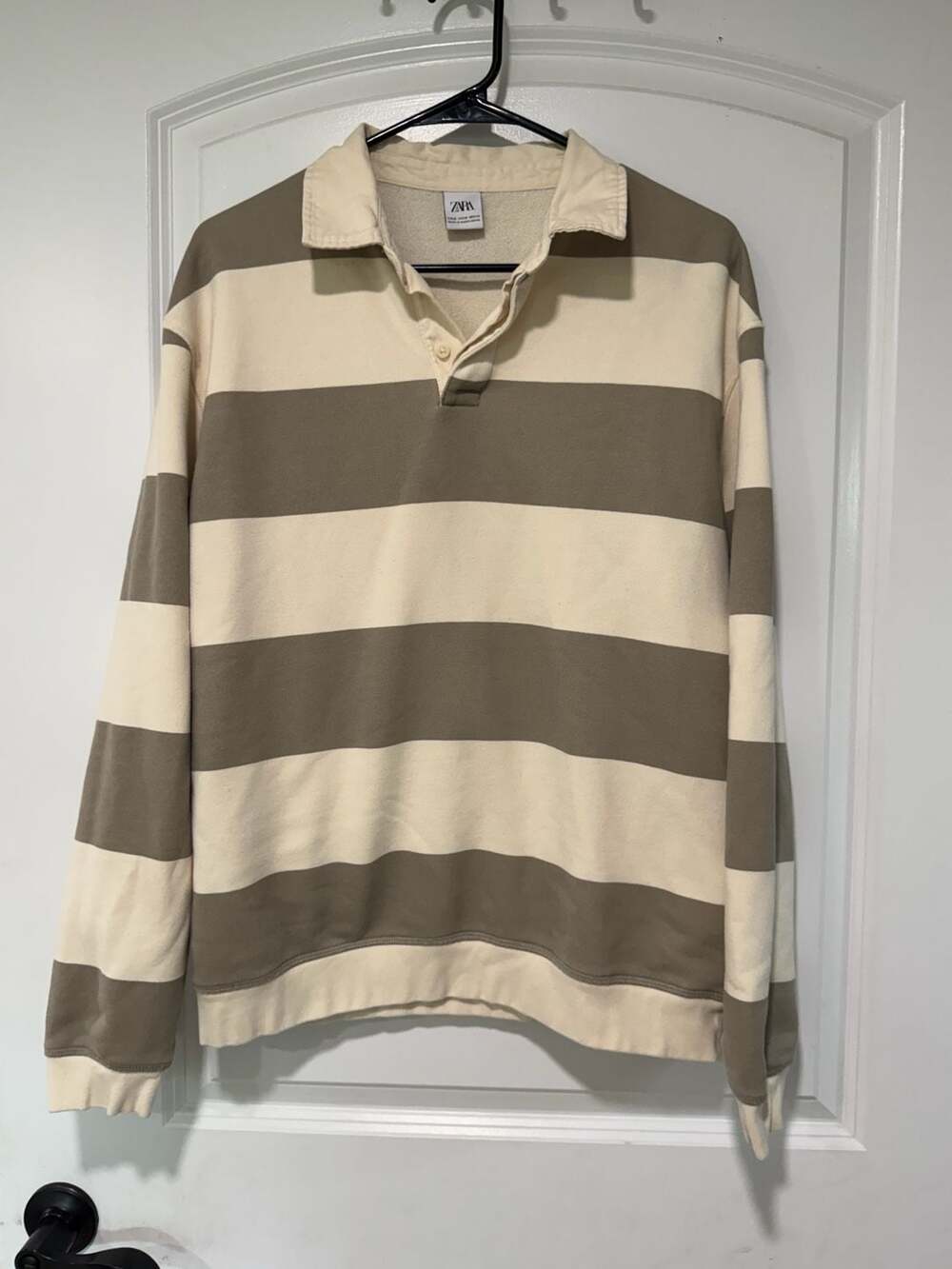 Old Money Rugby Shirt Taupe Cream Stripe Preppy Long Sleeve Polo Men’s M